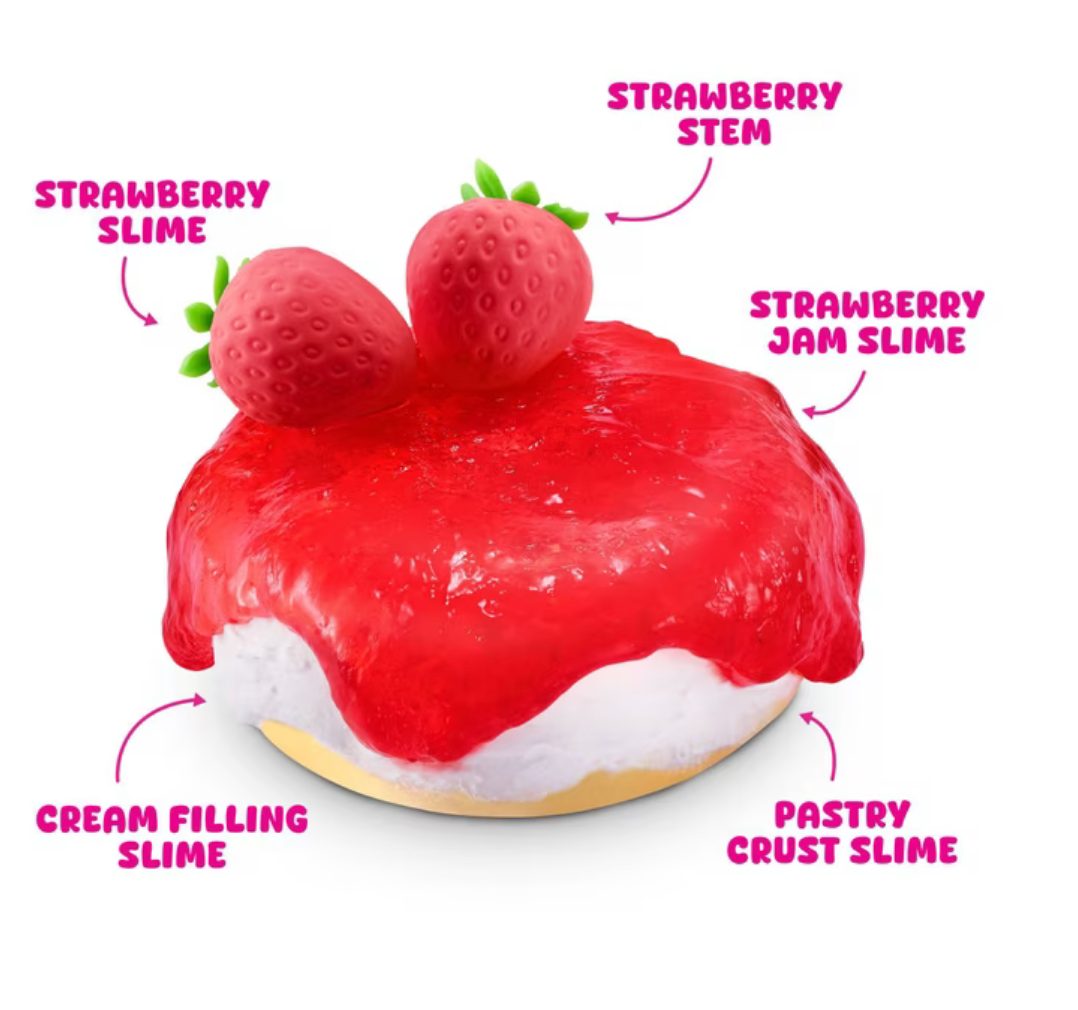 Finished Zuru Slime Mart strawberry tart made of slime with strawberry jam and cream filling