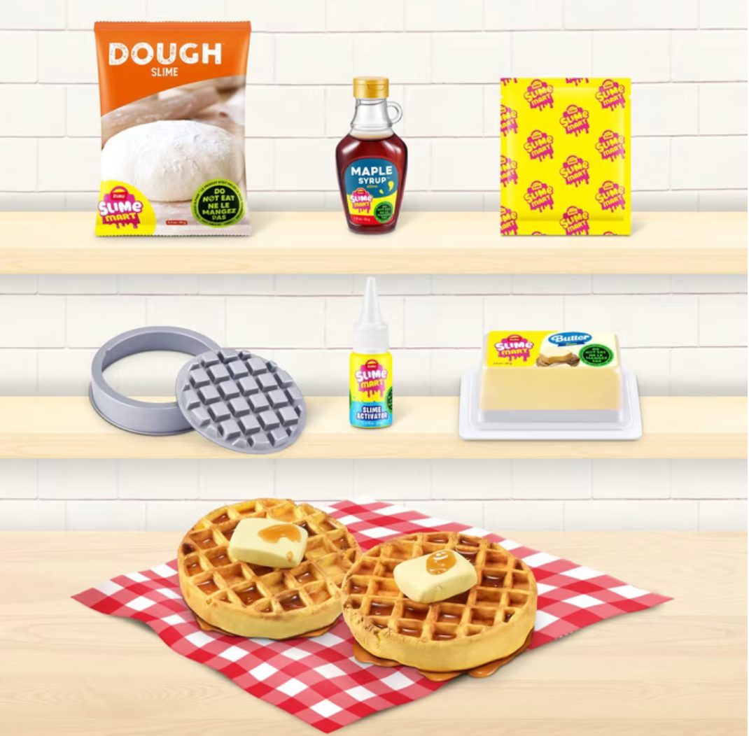 Zuru Slime Mart waffle slime ingredients with dough slime, maple syrup, butter slime and waffle mold